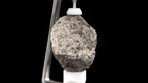 A close up of a grayish colored moon rock.