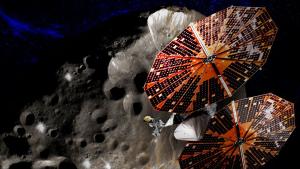 An artist's rendering of the Lucy spacecraft in orbit around an asteroid. 