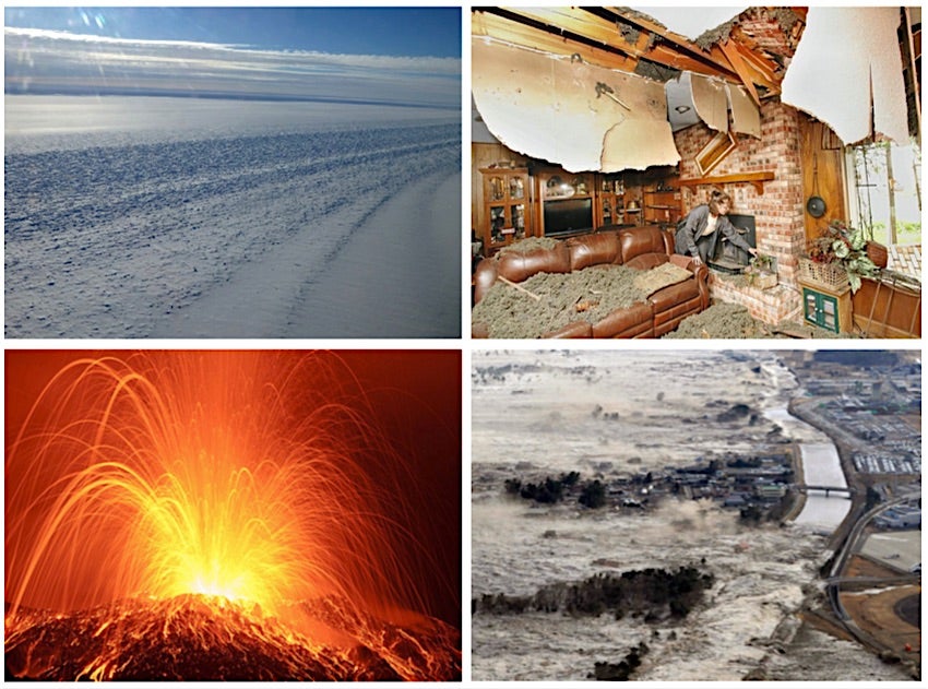 A collage of images including: surface crevassing along a shear margin on the Ronne Ice Shelf, the interior of a damaged home created by an induced earthquake in Oklahoma, a hot red and yellow eruption of Stromboli volcano in Italy, and an aerial view of  a Japanese tsunami washing over buildings and roads.